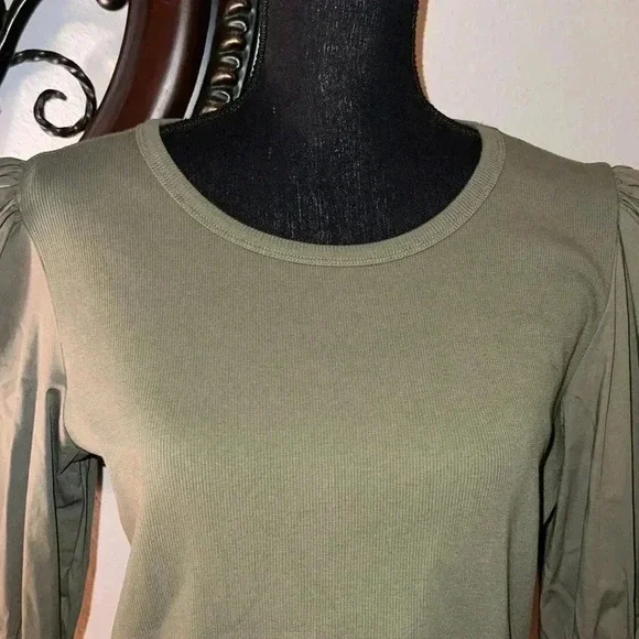 Veronica Beard Fawn Puff-Sleeve Top in Moss Green Crewneck NWOT Size Large